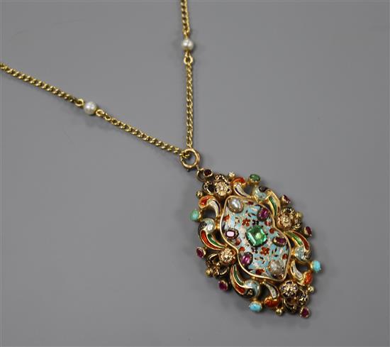 A 19th century Austro-Hungarian? yellow metal, enamel and gem set pendant (brooch conversion), on yellow metal chain